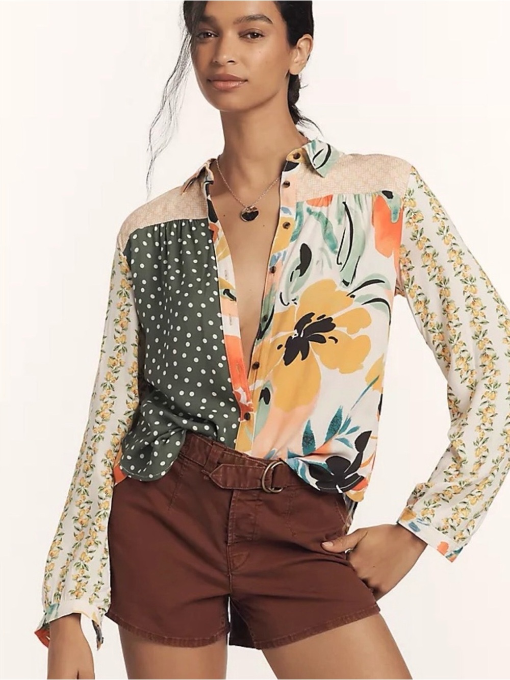 Maeve Anthropologie Mixed Print Colorblock Floral Polka Dot Button Front Blouse
